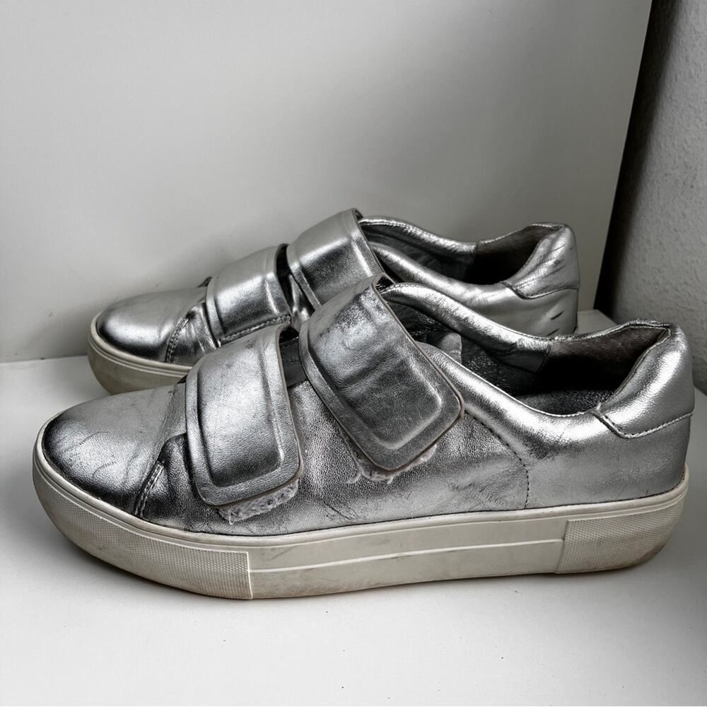J Slides Silver Metallic Sneakers hook loop closure size 8.5